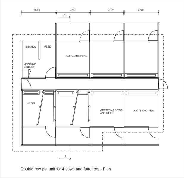 Double row pig unit for 4 sows and fattening pigs - plan