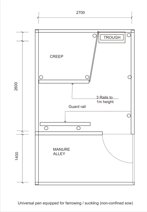 Universal pen equipped for farrowing / suckling (non-confined sow)